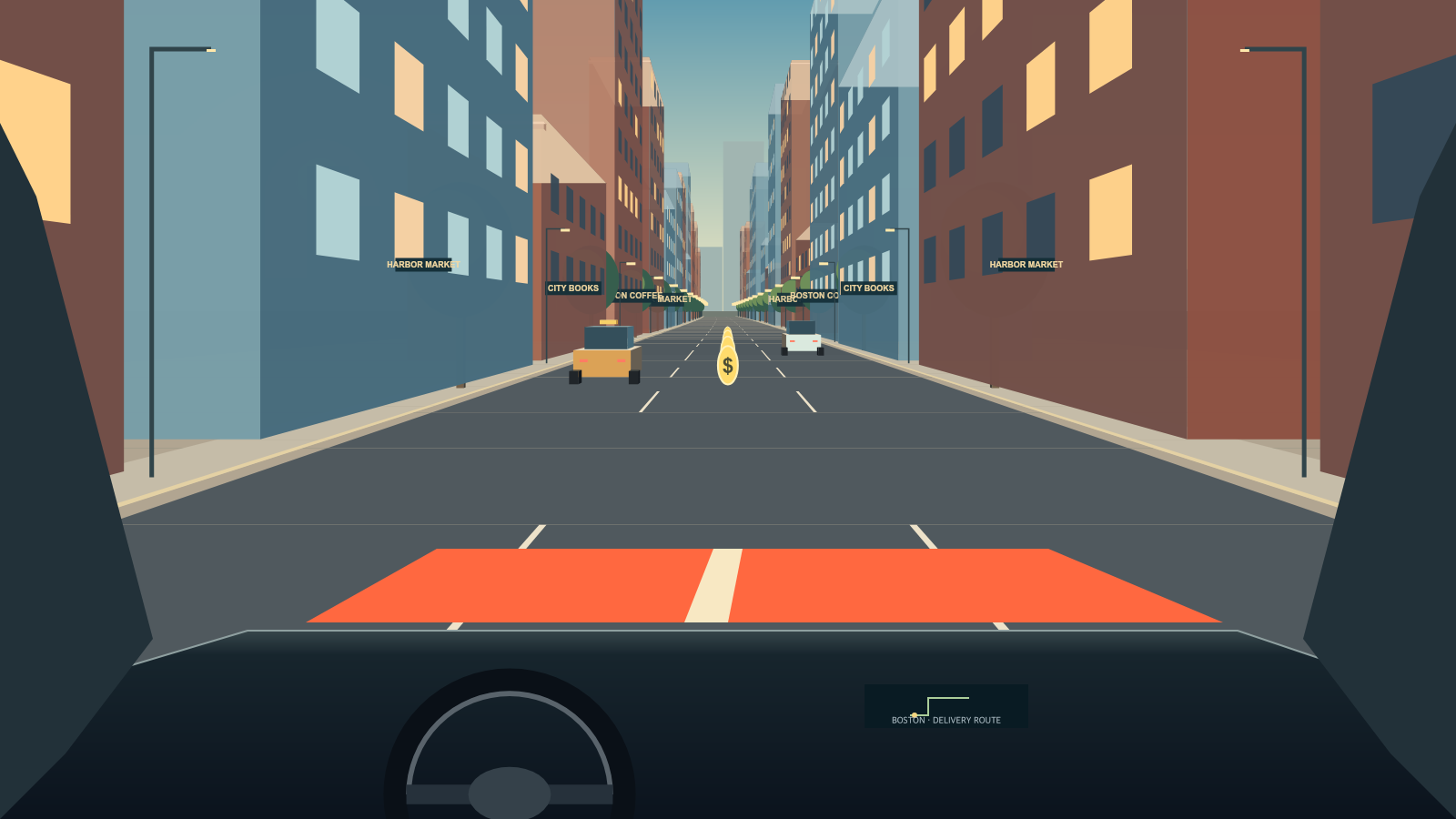 Coin Rush gameplay: a driver’s view through downtown Boston with gold coins and traffic ahead