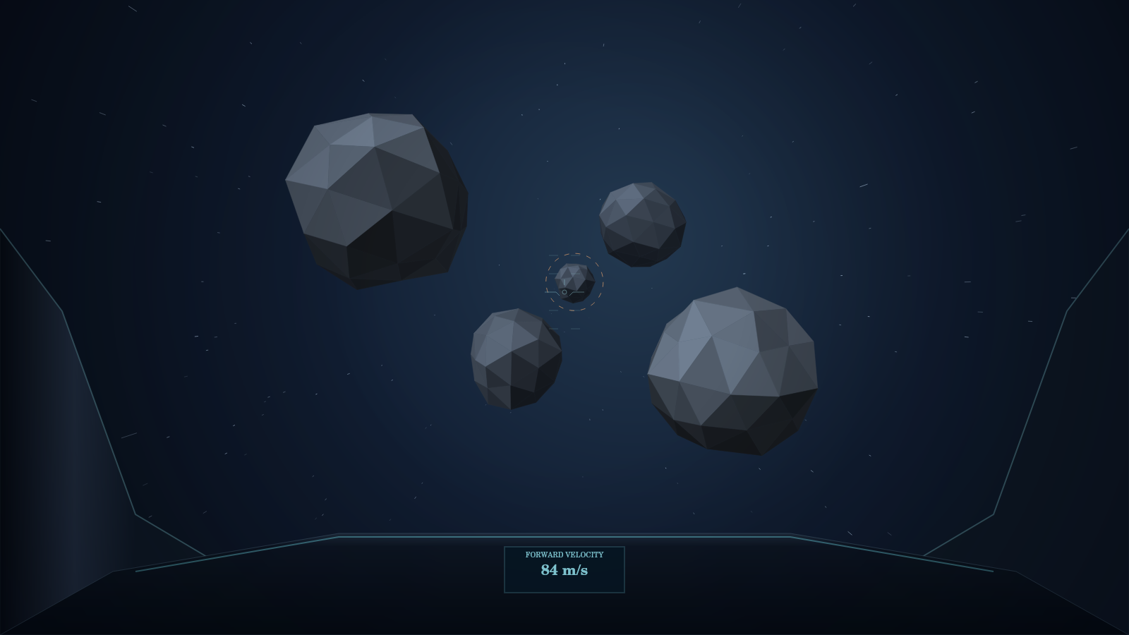 Rocket Rush gameplay: a cockpit view with faceted 3D asteroids approaching through space